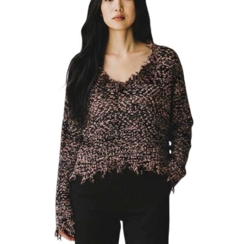 Whimsygoth Distressed Fringe V-Neck Black Pink Pullover Sweater - Large